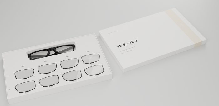 LIGHT gift box, open, with the frame and eight lenses