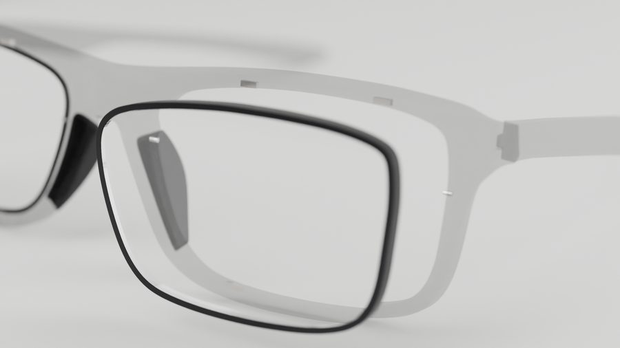 Concept example: translucent frame showing a thin ring around the lens, hidden magnets and small pins